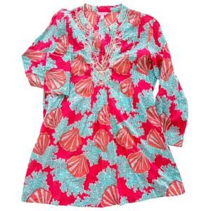 Lilly Pulitzer Tunic Beaded Sarasota Seashell Carolina Large Cotton Red Blue